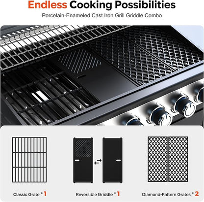 Brand-Man 6-Burner Propane Gas Grill with 12,000 BTU Infrared Sear Side Burner, Porcelain-Enameled Cast Iron Diamond-Pattern Grates & Griddle, 624 Sq.In. BBQ Station with Storage Cabinet for Barbecue