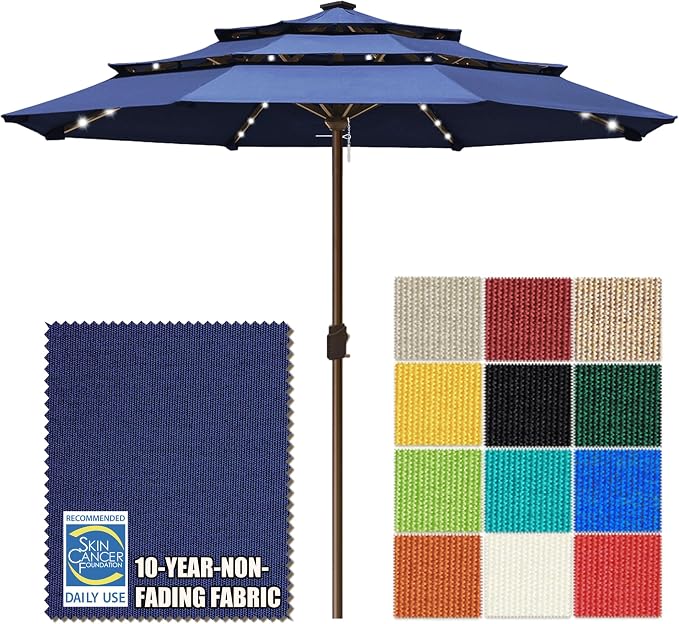 EliteShade USA 10-Year-Non-Fading 10ft 3-Tier Market Patio Umbrella, Commercial Table Umbrella with 80 Solar LED Lights, Crank Open, Windproof & UPF 50+ UV Protection for Garden, Deck, Pool, Backyard, No Tilt, Navy Blue
