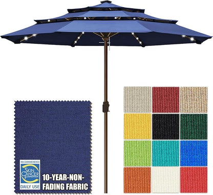 EliteShade USA 10-Year-Non-Fading 10ft 3-Tier Market Patio Umbrella, Commercial Table Umbrella with 80 Solar LED Lights, Crank Open, Windproof & UPF 50+ UV Protection for Garden, Deck, Pool, Backyard, No Tilt, Navy Blue