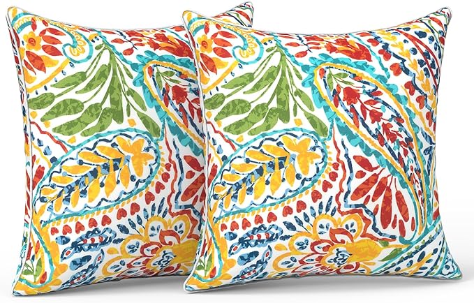 LVTXIII Pack of 2 Outdoor Throw Pillow Covers Accent Waterproof Pillow Covers ONLY, Patio Square Cushion Cases for Garden Balcony Couch Sofa Decoration 18x18 inch, Paisley Multi