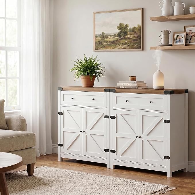 YESHOMY Kitchen Storage Cabinet, Coffee Bar Cabinet, Farmhouse Sideboard Buffet with Storage, Barn Door Accent Cabinet with a Drawer and Adjustable Shelf for Dining Room, Entryway, Rustic White, 2 PCS