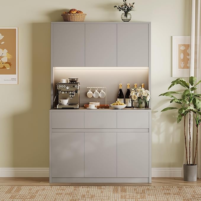 71" Kitchen Pantry Cabinet,Tall Storage Cabinet, Kitchen Storage Hutch | Shelves Adjustable,With Microwave Shelf,Coffee Bar,Led Lights&Charging Station,Corner Pantry Cabinet for Living Room