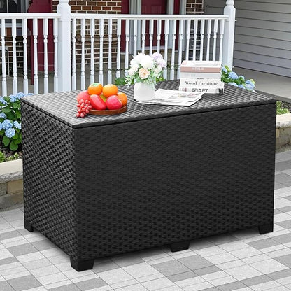 Lviden 140 Gallon Outdoor Storage Box Wicker Patio Storage Bin with Waterproof Lining Bag Deck Box and Cushion Storage Bin Outdoor, Black