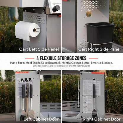 Monument Grills 4 Burner Stainless Steel Propane Gas Grill Mesa 2, 500°F in 5 Mins, 525 sq.in, 37,000 BTU, Broil Zone, Foldable Side Shelves, Knob Control, Built in Thermometer, with Trash Can & Rack