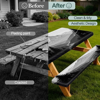 Picnic Table Cover Bench Covers Camping Essentials Tablecloth | Waterproof Vinyl for Outdoor, Windproof Elastic Fitted Edges, RV BBQ Accessories Must Haves, Storage Bag Included