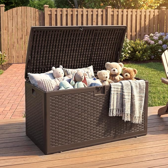 73 Gallon Blow-Molded Outdoor Storage Box, Lockable Storage Chest, Waterproof & UV-Resistant Storage Bin for Patio Cushions, Garden Tools & Pool Accessories, Outdoor Toy Storage Bench, Brown