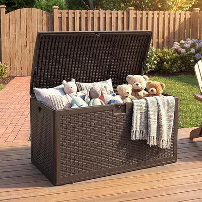 73 Gallon Blow-Molded Outdoor Storage Box, Lockable Storage Chest, Waterproof & UV-Resistant Storage Bin for Patio Cushions, Garden Tools & Pool Accessories, Outdoor Toy Storage Bench, Brown