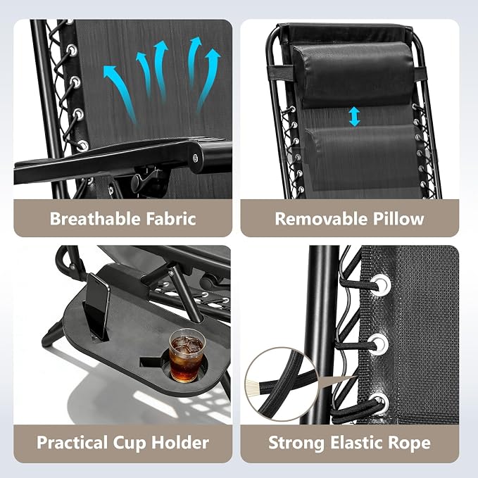 2 Pack Zero Gravity Chair, Adjustable Lounge Chair, Outdoor Recliner, Folding Anti Gravity Lounge Chairs, Lawn Chairs Reclining with Pillow & Cup Holder for Pool Camping Sunbathing Beach Patio (Black)