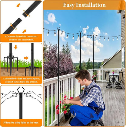 Mutovlin 2 Pack String Light Poles,10 Ft Light Poles for Outside String Lights,Outdoor Lights Pole with Fork,Metal Poles Stand for Patio Deck Backyard (10FT 2 Pack)