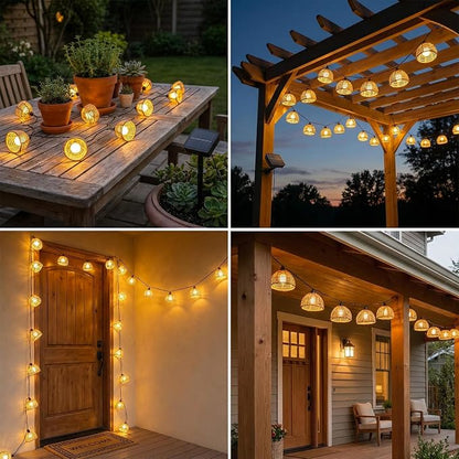Solar Rattan String Lights Outdoor, 16FT 16 LED Half-Globe Hemisphere Wicker Lanterns, IP65 Waterproof Solar Powered Patio Lights, Boho Decorative Hanging Lighting for Garden Porch Wedding