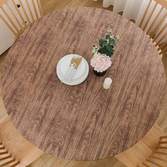 LIBERECOO Round Vinyl Fitted Tablecloth with Flannel Backing Elastic Edge Table Cover Waterproof Stain-Resistant Wipeable Tablecloths Fits 57-65" Round Tables