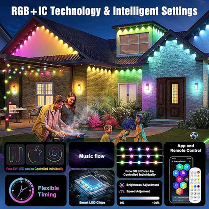 JOH Permanent Outdoor Lights,100FT RGB+IC Smart Eave Lights with DIY Color, IP67 Waterproof, App & Remote Control, 72 Scene Modes, Outdoor Roof Lighting for Christmas, Holiday & Daily Decor