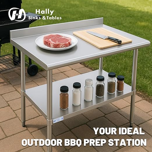 Hally Stainless Steel Table for Prep & Work 18 x 36 Inches, NSF Commercial Heavy Duty Table with Undershelf and Backsplash for Restaurant, Home and Hotel