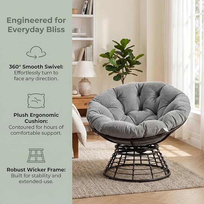 Cushion Papasan Swivel Chair, Ergonomic Wicker Round Chair with Thick Padding, Oversized Swivel Wicker Accent Chairs for Living Room, Bedroom, Reading Room, Balcony, Brown Frame, Gray
