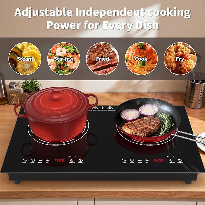 VBGK Electric Cooktop,24 Inch Electric Stove Top 110V 3000W with LED touch Control,8 Power Levels, Kids Lock & 4H Timer,Overheat Protection stove,2 burner cooktop