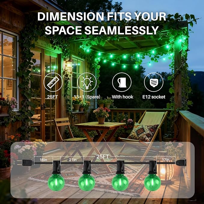 25 FT Green Outdoor String Lights G40 Globe Shatterproof Patio Lights,13 Plastic Edison Bulbs(1 Spare) IP65 Waterproof Dimmable LED Bulbs for Backyard Porch Balcony Party Decor, E12 Base