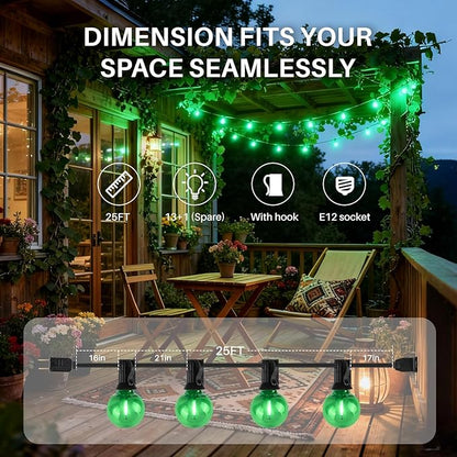25 FT Green Outdoor String Lights G40 Globe Shatterproof Patio Lights,13 Plastic Edison Bulbs(1 Spare) IP65 Waterproof Dimmable LED Bulbs for Backyard Porch Balcony Party Decor, E12 Base