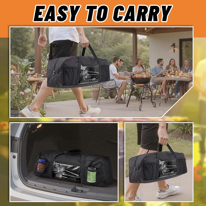24" Grill Tool Storage Bag, Heavy Duty Waterproof BBQ Tools Bag, 24" x 8" x 8", Large Grill Utensil Storage Caddy with Pockets, BBQ Accessories for Outdoor Barbecue, Camping, Hiking(Black)