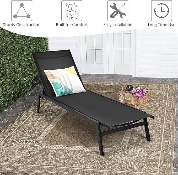 Tangkula Outdoor Chaise Lounge Chair Set of 2, 6-Position Adjustable Reclining Chair with Breathable Fabric and Heavy Duty Steel Frame, Patio Lounge Chair for Garden, Backyard and Poolside (2, Black)