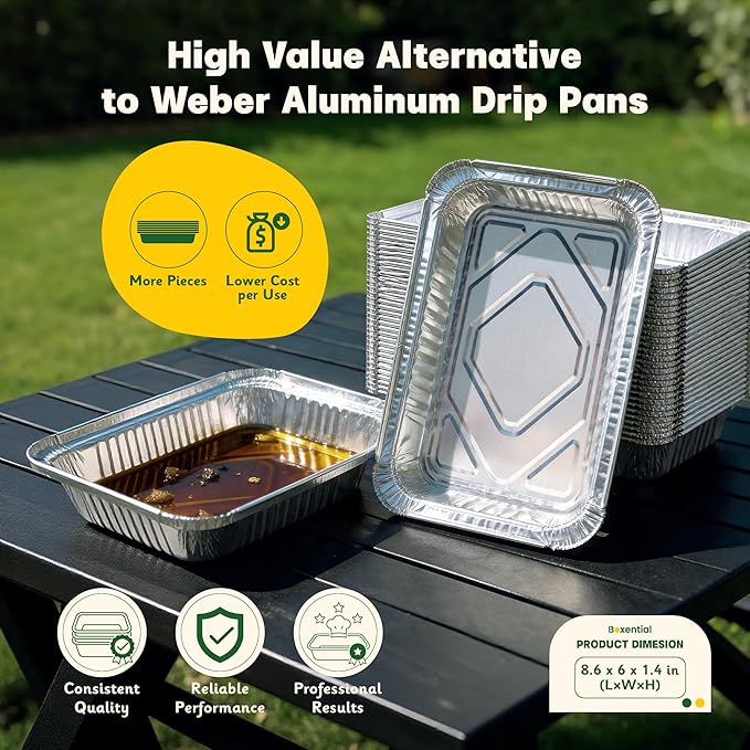 25 Pack 8.6" x 6" Grill Drip Pans Compatible with Weber Q, Spirit & Genesis Series – Aluminum Grease Tray Liners for Weber Grill Drip Tray, Grease Catcher Replacement, Disposable Foil Pans