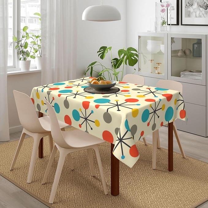 Mid Century Fifties Modern Atomic Retro Colors Tablecloth 54"x72" Outdoor Indoor Washable Waterproof Table Cloth for Parties Picnic Bbqs Kitchen Dining Room Decor, Yellow Rectangle Table Covers