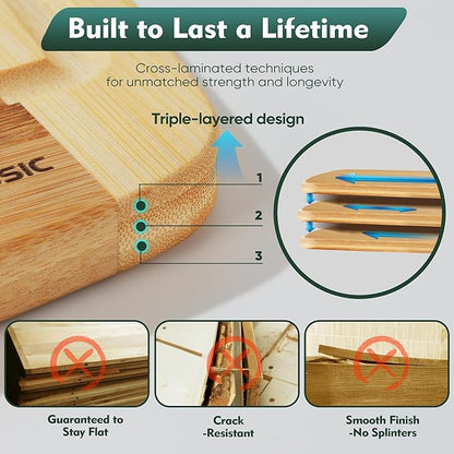 Bamboo Cutting Board Set Non Slip Feet Butcher Block 2-Pcs With Smooth Surface Knife-Friendly and Easy Storage For Kitchens Meal Prep & Serving Kitchen Gadgets