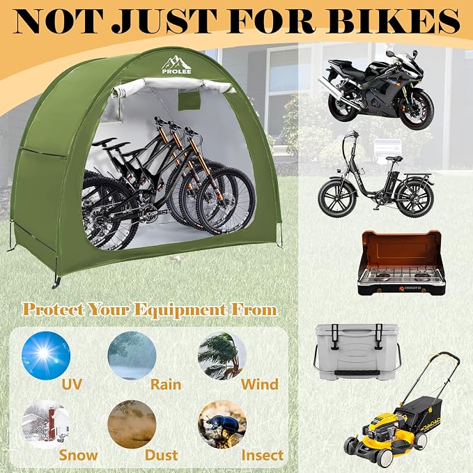 PROLEE Bike Storage Tent,Bike Shed 6.6FT, Waterproof Oxford Fabric Storage Tent for 2-3 Bikes, Outdoor Bicycle Storage with Window Design, Green