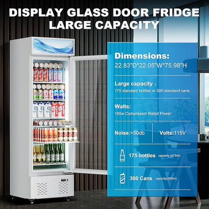 22.8'' W Commercial Beverage Refrigerator, 11 Cu.Ft Glass Door Drink Cooler with Soft Light and 5 Shelves, Display Refrigerator for Restaurant Store Cafe Bar, White