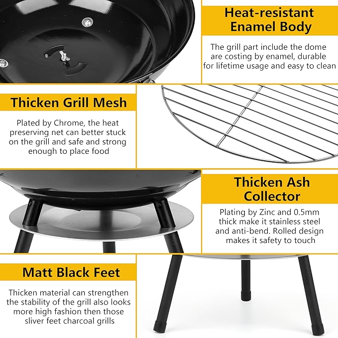14Inch Portable Outdoor Charcoal Grill, Leonyo Small Tabletop BBQ Charcoal Grill Enamel Coated for Backyard Cooking, Camping, Picnics, Garden, Beach, Black