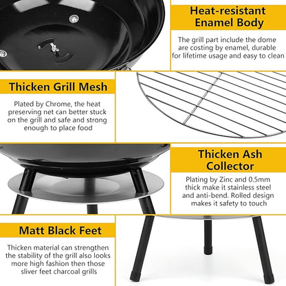 14Inch Portable Outdoor Charcoal Grill, Leonyo Small Tabletop BBQ Charcoal Grill Enamel Coated for Backyard Cooking, Camping, Picnics, Garden, Beach, Black