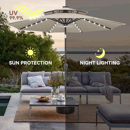 Solar Patio Umbrella Outdoor with Centre Light, 9 ft Taupe | 2 Tiers, 40 LED Lights, UV Protection, Solar Outdoor Umbrella for Porch, Deck, Pool, Garden, Provides Evening Lighting