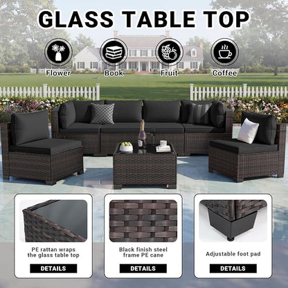 LAFWELL 7 Pieces Outdoor Patio Furniture Sets,Rattan Conversation Sectional Set,Manual Weaving Wicker Patio Sofa with Tea Table