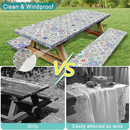 Picnic Table Cover with Bench Covers, Camping Essentials, Buffalo Plaid Waterproof Windproof Camping Tablecloth, Fitted Tablecloth Cover with Elastic Edge, for Garden & Outdoor, 3 PCS, 30x60 Inch