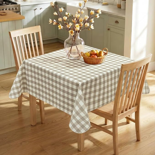 Seenus Khaki Gingham Card Table Tablecloth with Flannel Backing, Waterproof & Easy Clean Farmhouse Decor, Rustic Checkered Table Cloth for Family Dining & Summer BBQ, Square 52 x 52 Inch