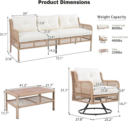 4-Piece Outdoor Wicker Sectional Sofa Set, All Weather Patio Conversation Set with 3-seater Sofa, 2 Swivel Chairs and Coffee Table, Cushions, Suitable for Poolside Backyard Deck (Beige-Swivel)