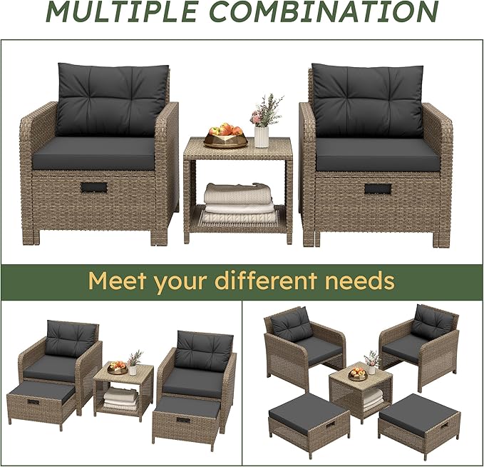 5 Piece Patio Furniture Set, PE Wicker Outdoor Furniture Set with Soft Cushions & Coffee Table, Outdoor Lounge Chairs with Ottoman for Porch, Lawn, Balcony, Yellow-Black