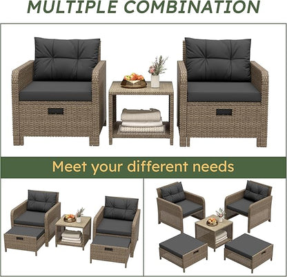 5 Piece Patio Furniture Set, PE Wicker Outdoor Furniture Set with Soft Cushions & Coffee Table, Outdoor Lounge Chairs with Ottoman for Porch, Lawn, Balcony, Yellow-Black