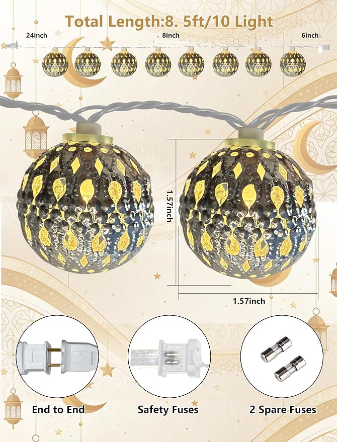 8.5Ft Moroccan Decorative String Lights, 10 LED Warm White Boho Globe Decor | End-to-end Connectable, IP44 Waterproof, Hollow Lantern Decorative String Lights for Bedroom Ramadan Diwali Bohemian Weddings