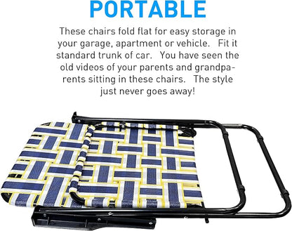 Lawn Chair Folding Steel Webbing Chaise Patio Lounger Seat Wood Handles Great for Camping, Beach, Fishing, Backyard, Stadium, Pool, Boating, and Sports 4 Pack Blue/Yellow
