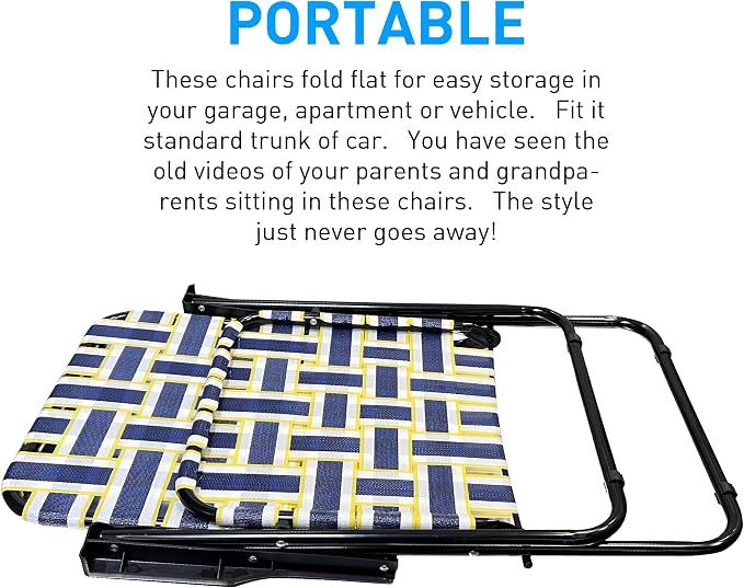 Lawn Chair Folding Steel Webbing Chaise Patio Lounger Seat Wood Handles Great for Camping, Beach, Fishing, Backyard, Stadium, Pool, Boating, and Sports 2 Pack Blue/Yellow