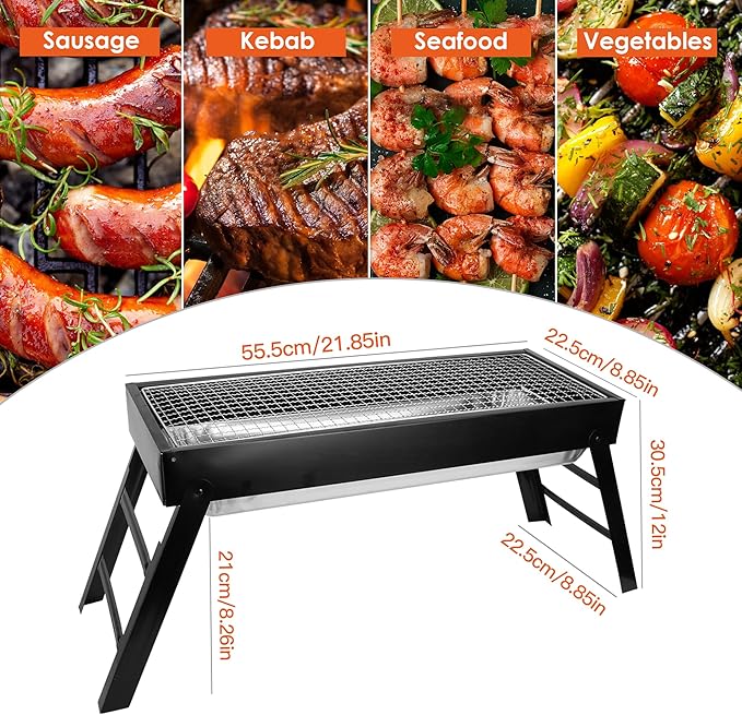 Portable Charcoal Grill, Foldable Tabletop BBQ Grill for Outdoor Cooking, Camping, Picnics & Travel, Compact & Lightweight, Smoky Flavor & Easy to Clean