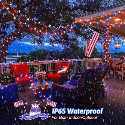 Red White and Blue Lights String for 4th of July Decorations Outdoor Total 100 LED 33ft for Memorial Day Decorations, Battery Operated Waterproof Timer Patriotic for Independence Day, 2-Pack