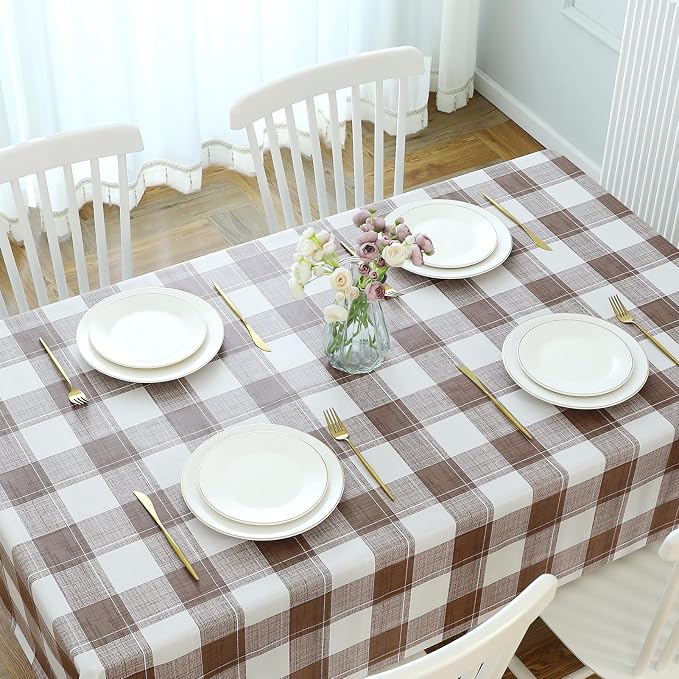 Romanstile Rectangle Plastic Tablecloth, 100% Waterproof Oil-Proof Checkered PVC Table Cloth, Heavy Duty Vinyl Table Cover for Dining, Camping, Picnic, Outdoor - 54 x 120 Inch, Brown Checkered
