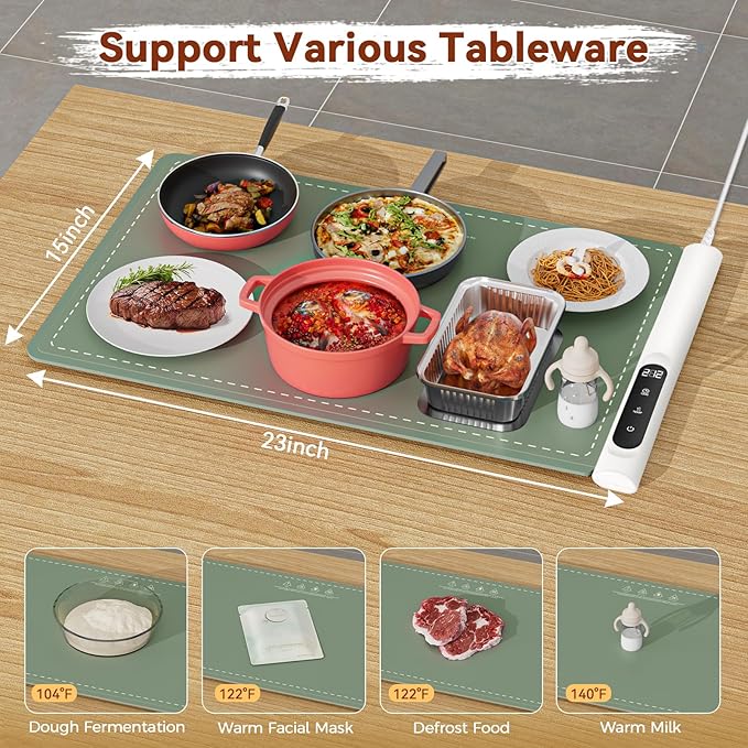 Newise Graphene Warming Mat for Food - Fast Full Surface Heating Electric Warming Tray, Portable Food Warmer for Parties Buffet with 6 Temperature and Timer Settings, Gifts for Mom Wife, Green