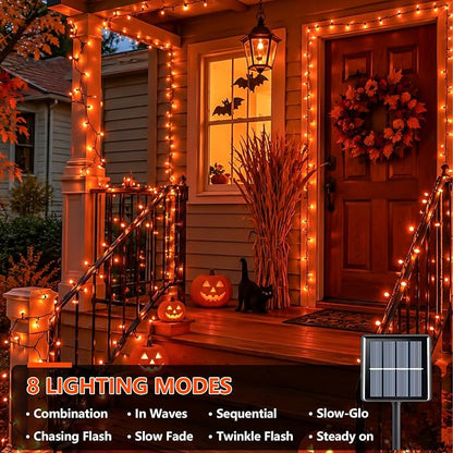 YEGUO 2 Pack Orange Solar Halloween Lights, Each 33ft 100 LED Solar String Lights Outdoor Waterproof, 8 Modes Solar Christmas Lights Outdoor for Garden Yard Xmas Decor