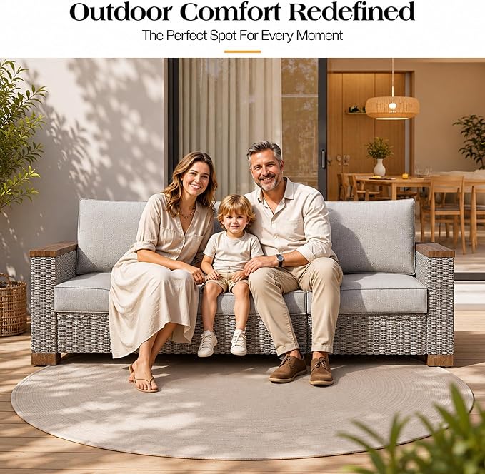 PaPaJet Outdoor Patio Sofa, 3 Seat Wicker Couch with Solid Armrests & Legs, 4.7" Thickened Removable Cushions, UV-Resistant Modular Sofa for Porch, Backyard, Garden