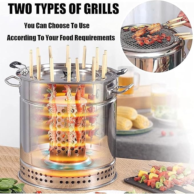 Charcoal Barrel BBQ Grill with Rolling Grilling Basket, Stainless Steel BBQ Grill Mesh Barrel with Kabob Skewers, for Camping and Barbecue(28-Skewer Oven)