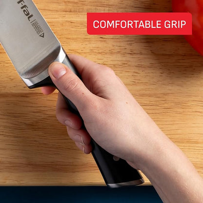 T-fal Ice Force 11-Piece German Stainless Steel Kitchen Knife Block Set | X50CrMoV15 steel, 26-degree cutting edge, Ice hardening to -250F, Ergonomic handle with finger guard, Includes steak knives