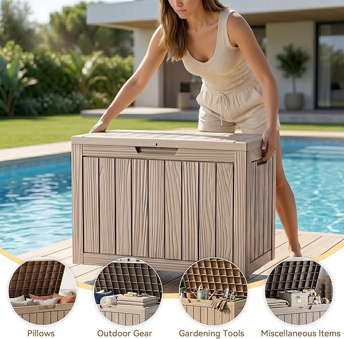 50 Gallon Deck Box for Outdoor and Indoor Use, Outdoor Storage Box for Picnic Supplies, Gardening Tools Waterproof, Lockable and Easy to Install Grey