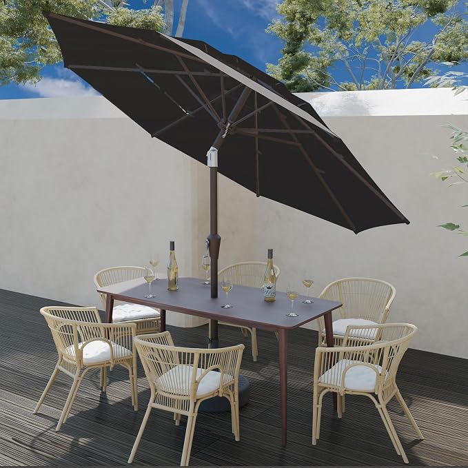 9FT 3 Tiers Patio Umbrella With Auto Tilt And Crank, Outdoor Table Market Umbrella with 8 Sturdy Ribs for Garden, Lawn, Deck, Backyard and Pool